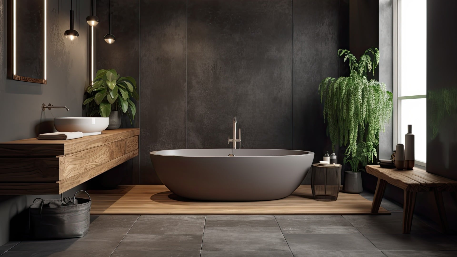 Bathroom with a rectangle bathtub, a wooden sink, and a dark gray wall. Mock up of a pleasant home concept. Generative AI